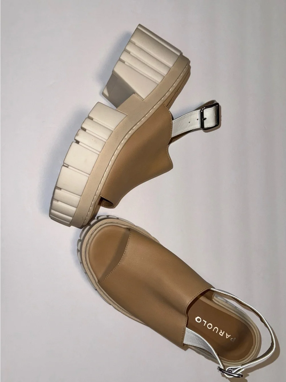 Platform Slingback Sandals in Tan and White